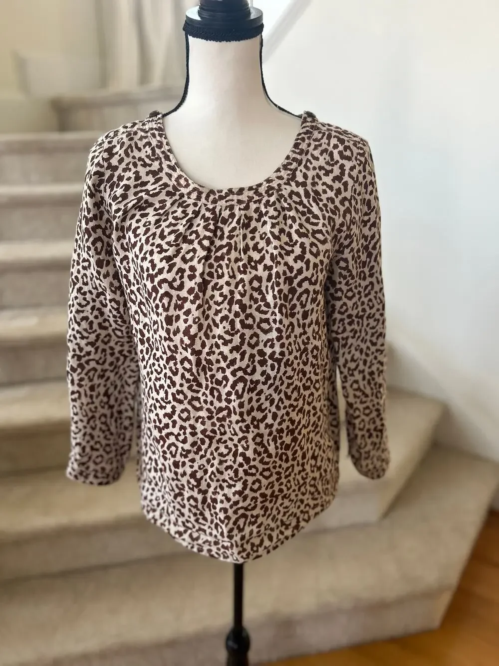 J.Crew Tan & Brown Leopard Print Linen Long Sleeve Peasant Blouse